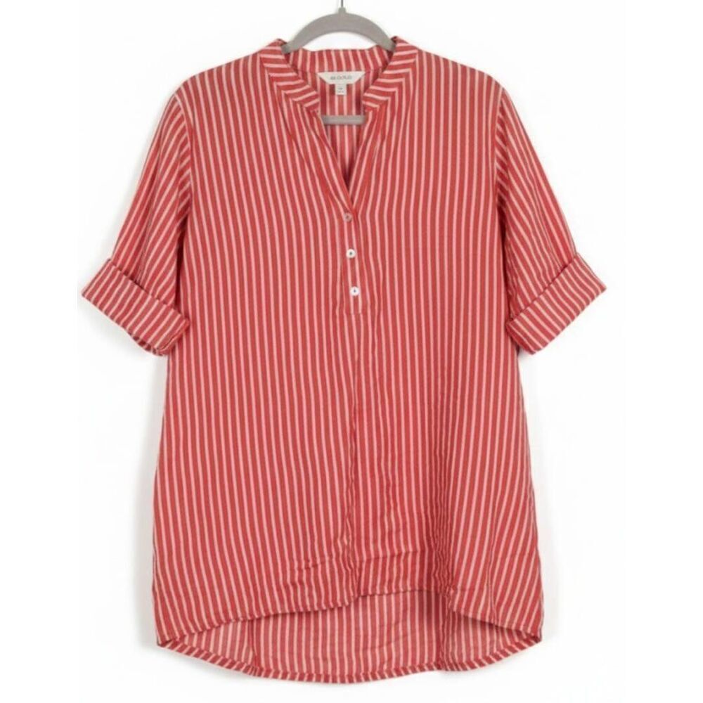 Womens large red stripe linen cotton shirt blouse 3/4 sleeve rolled